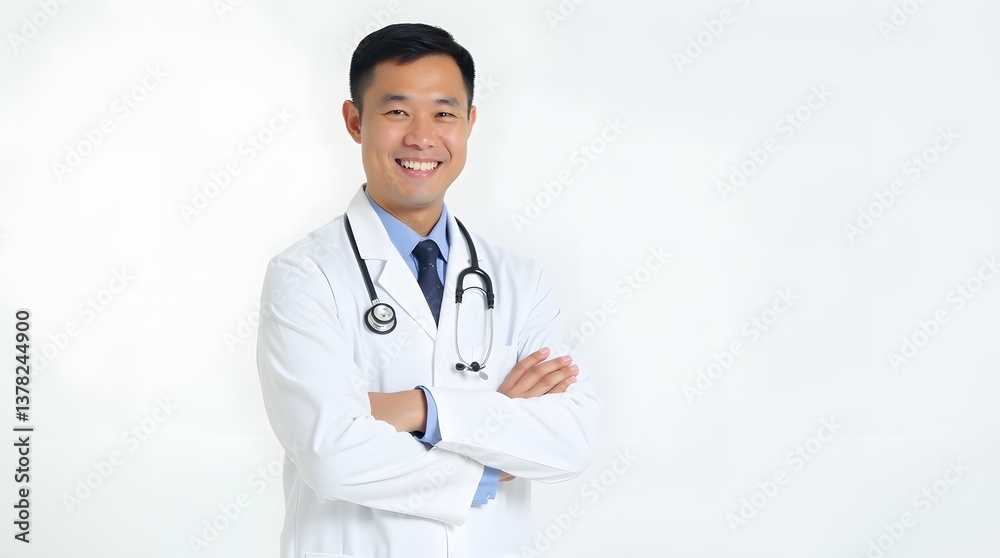 Friendly Asian Medical Doctor in White Coat with Stethoscope Friendly Asian Medical Doctor in White Coat with Stethoscope