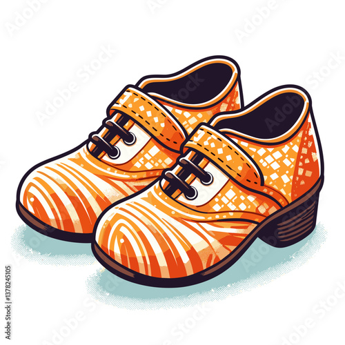 Orange patterned clogs with buckles, stylish cartoon women's shoes. Great for fashion boutique advertising, comfortable footwear or trendy accessory illustrations.