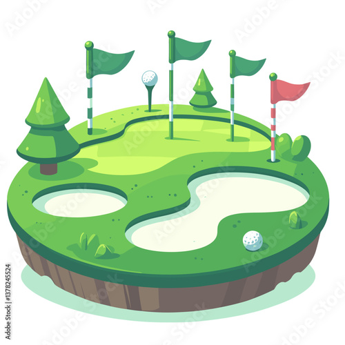 Miniature golf course with flags and trees in isometric style. Ideal for game apps, recreation facility advertising, and family entertainment promotions.