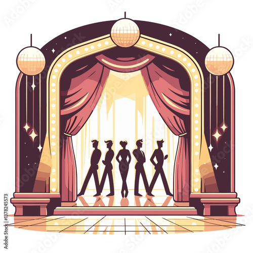 Theater stage with silhouettes of performers and red curtains. Ideal for performance arts promotions, musical events, and entertainment industry content.