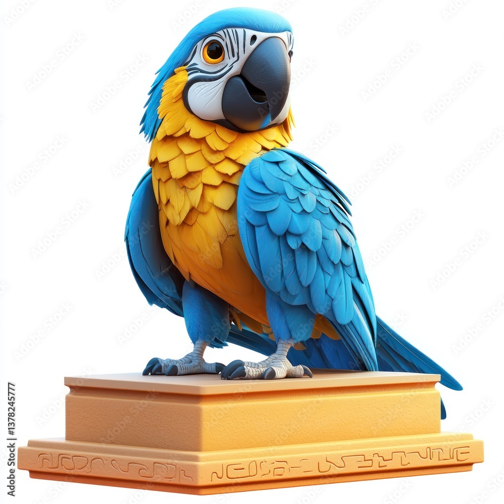 Fototapeta premium Vibrant Blue and Yellow Macaw Perched on a Decorative Stand with Intricate Details