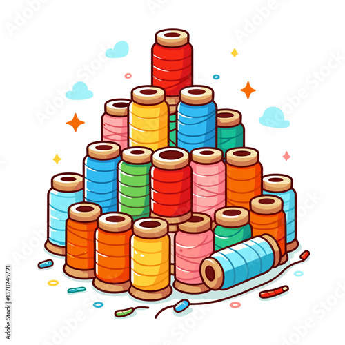 Vector illustration of colorful sewing thread spools stacked in pyramid. Perfect for craft store branding or sewing tutorial graphics.