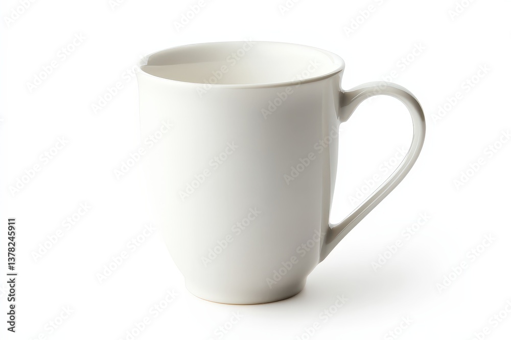 A simple white ceramic mug with a curved handle is shown A simple white ceramic mug with a curved handle is shown
