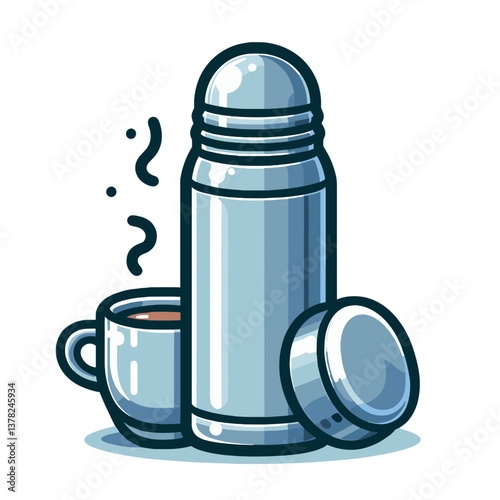 Vector illustration of metal thermos flask with cup and steam. Perfect for camping equipment or outdoor activities promotion.