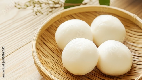 Freshly steamed round bao buns in a bamboo basket, with the soft focus of the background, capturing the simple elegance of traditional food presentation.