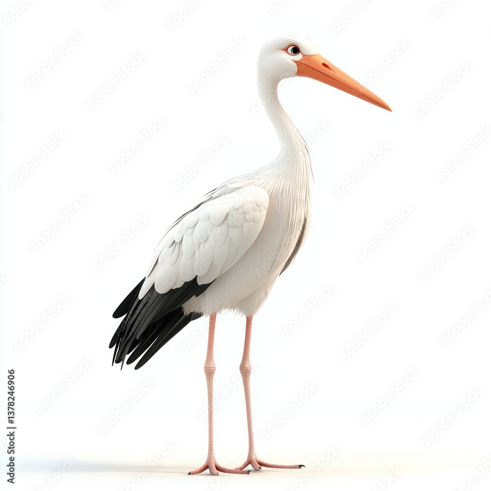 Realistic illustration of a standing stork with long legs, detailed feathers, and vibrant beak against a white background Realistic illustration of a standing stork with long legs, detailed feathers, and vibrant beak against a white background