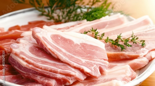 Freshly sliced pork belly, arranged artfully on a ceramic platter, showcasing the raw beauty of gourmet ingredients, ready for a savory culinary experience.