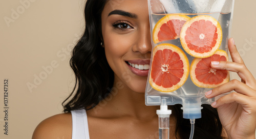 Rejuvenation, revitalization. Smiling woman with IV vitamin drip saline bag, grapefruit slices inside. Vitamin therapy, wellness, beauty. Concept of health, nutrition, detox, medical, skincare