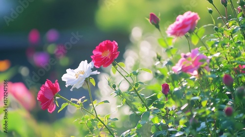 Captivating close-up of various roses in full bloom, showcasing the beauty of nature's vibrant colors. A captivating display of rose bushes thriving in a garden.