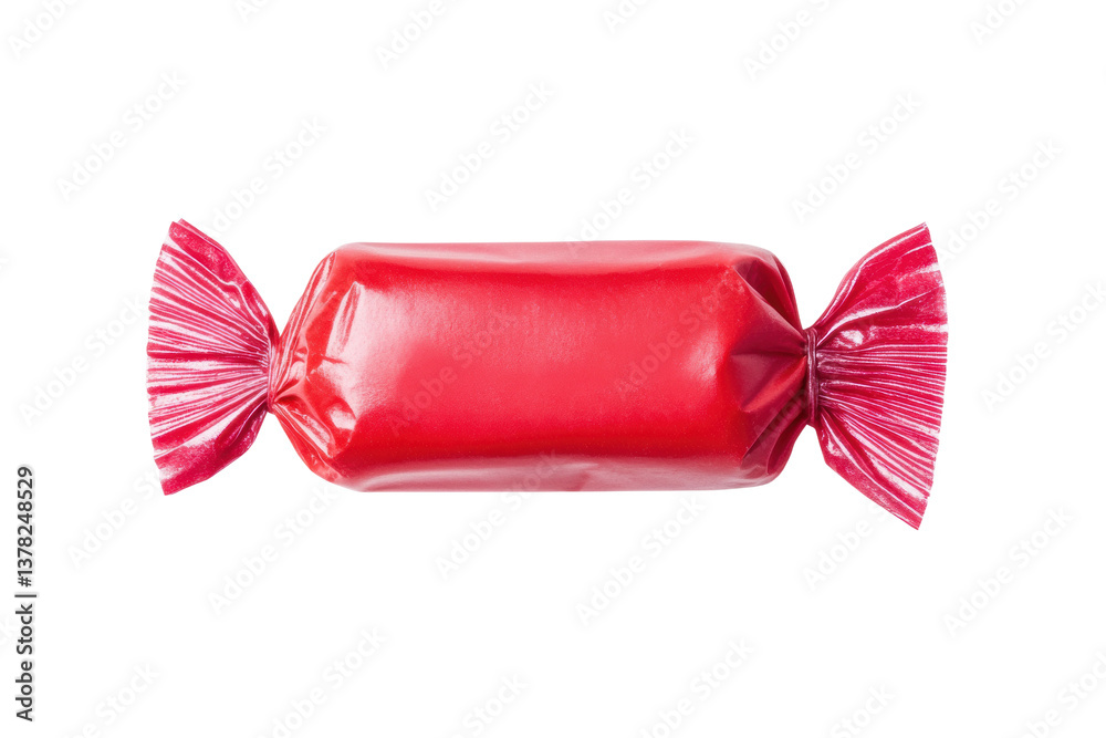 Bright red candy wrapped in shiny wrapper on black background, cut out