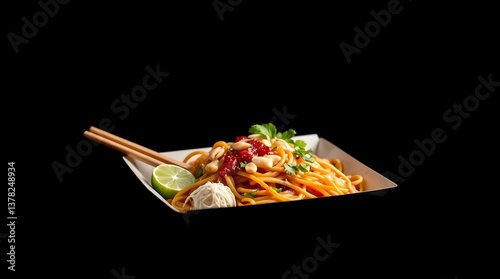 Pad Thai in a takeout box, garnished with lime, peanuts, bean sprouts, chopsticks