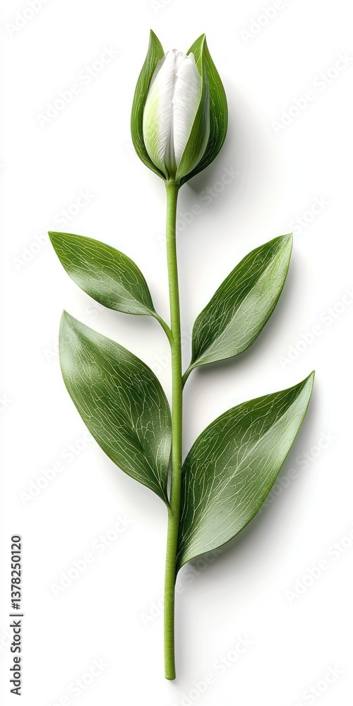Obraz premium Elegant White Tulip with Smooth Green Leaves on a Minimalist White Background