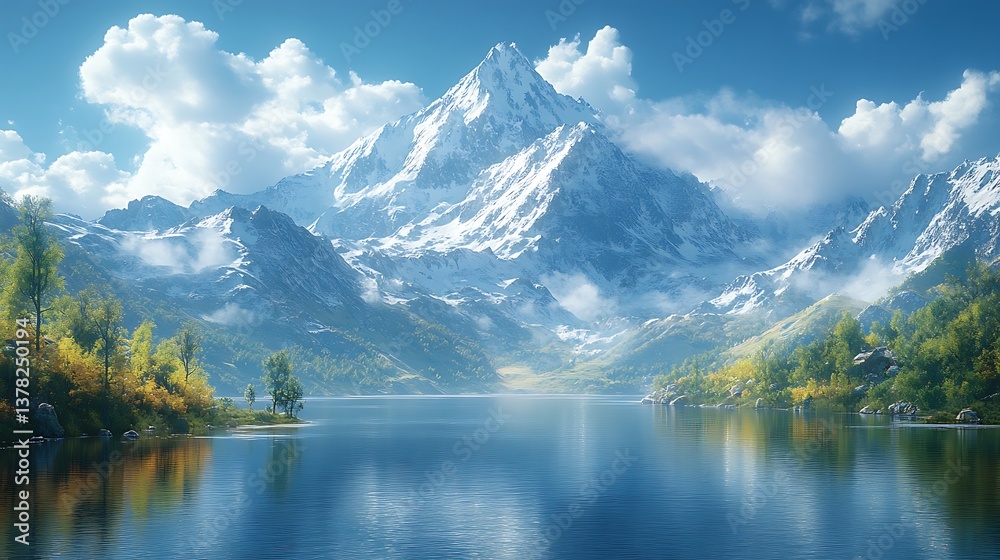 Fototapeta premium Scenic river view snowy mountains high resolution hd image