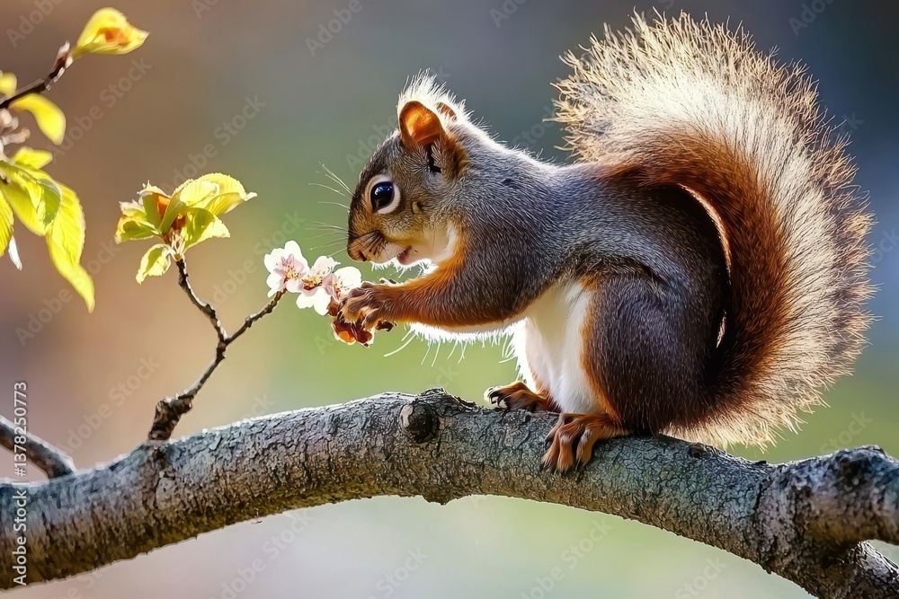 Squirrel Gathering Blossoms A squirrel perched on a tree branch, holding a small flower in its paws.