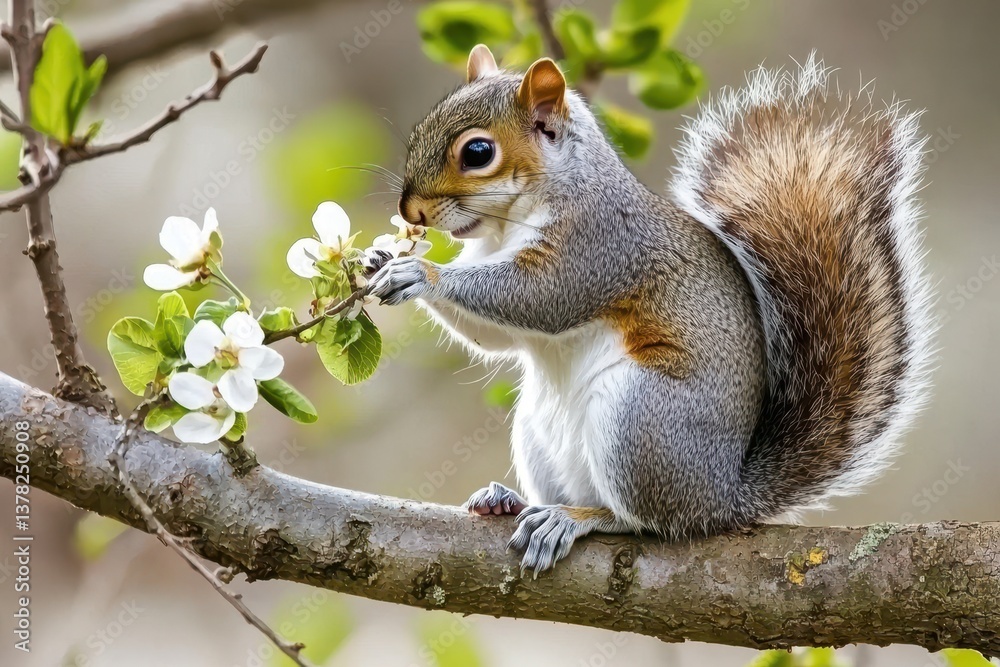 Squirrel Gathering Blossoms A squirrel perched on a tree branch, holding a small flower in its paws. Squirrel Gathering Blossoms A squirrel perched on a tree branch, holding a small flower in its paws.