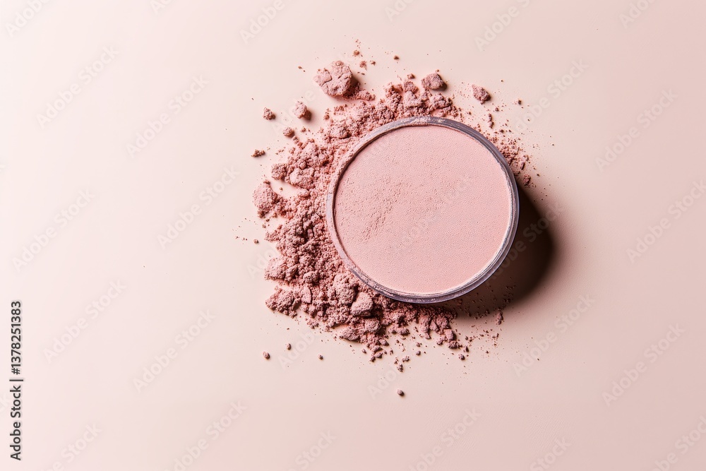 Crushed pink face powder scattered on blush background for cosmetic branding visuals