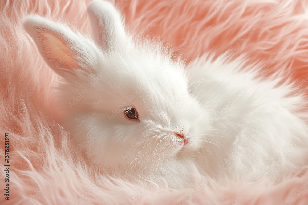 White rabbit nestled in pink fur, soft texture, gentle appearance, symbolizing purity, innocence, and calmness White rabbit nestled in pink fur, soft texture, gentle appearance, symbolizing purity, innocence, and calmness