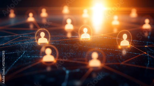 Illuminated icons connected with lines represent a digital network of users