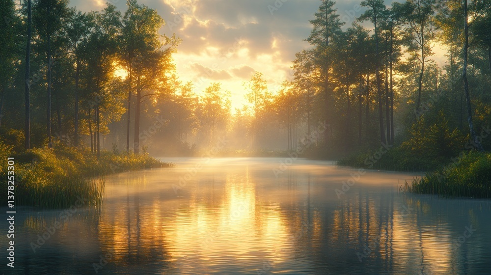 Obraz premium Sunrise over misty forest river