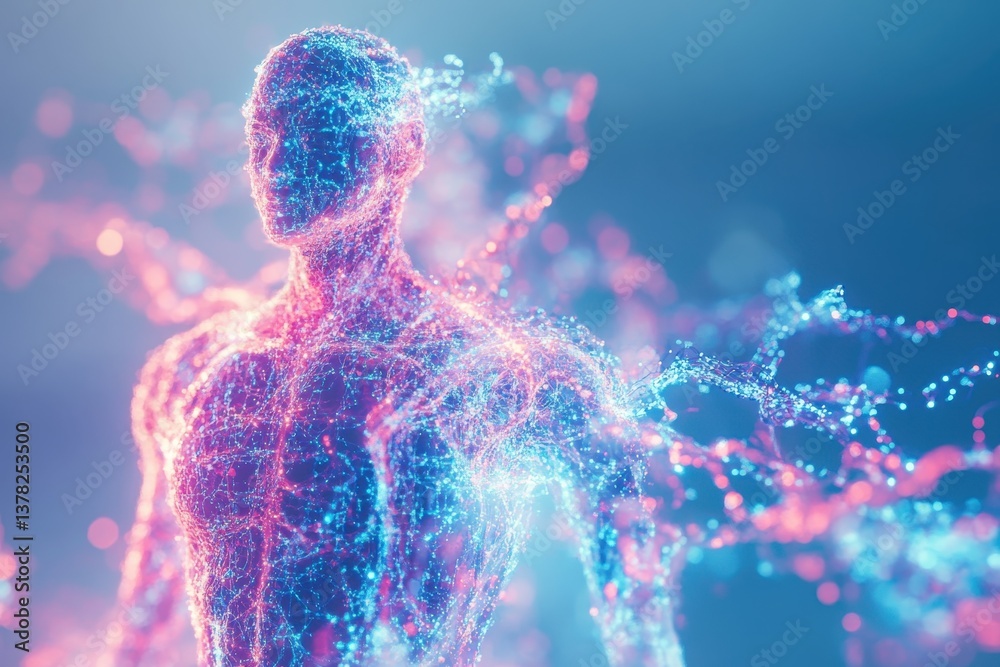 Naklejka premium A glowing digital human figure illuminated with colorful particles in a surreal abstract setting