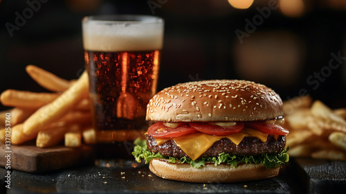 A cheeseburger with fries and a beer glass on a dark surface with a blurred background in the restaurant