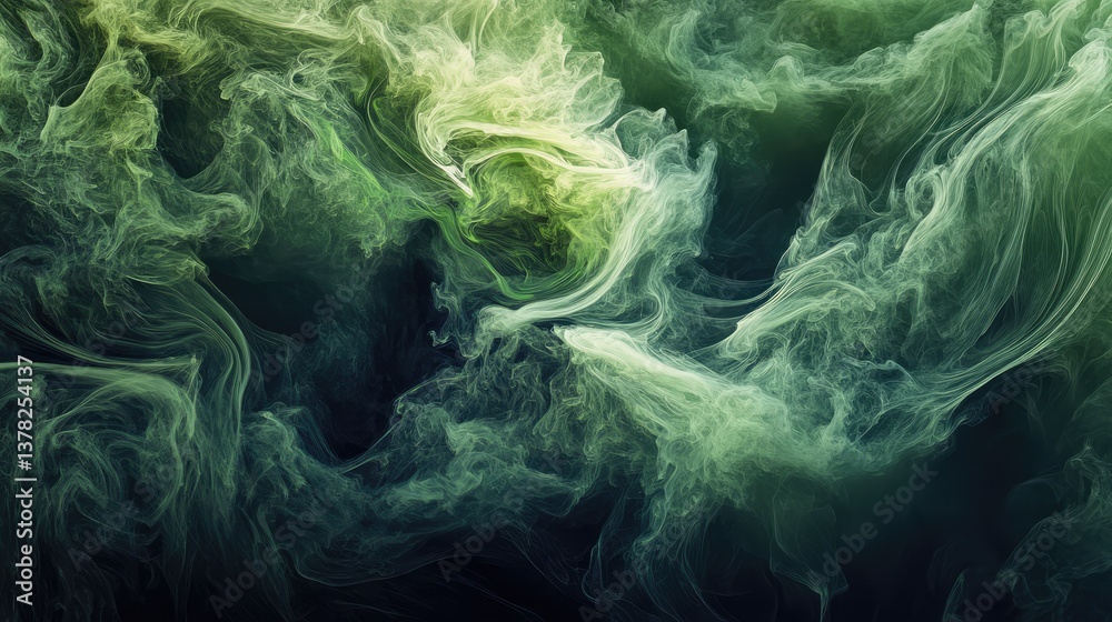 Obraz premium Emerald green smoke swirling against a dark black background.
