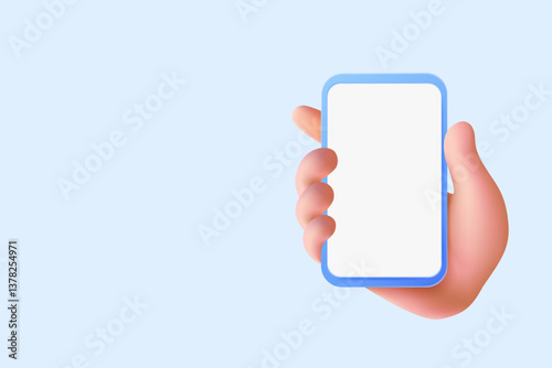3D hand holding blank smartphone screen. A modern digital illustration featuring a stylized hand gripping a mobile device with an empty display, ideal for app mockups and UI design.