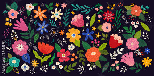 Beautiful romantic flower collection with roses, leaves, floral bouquets, flower compositions. Flower background	
