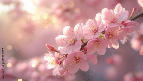 Delicate pink cherry blossoms blooming in the soft sunlight, a gentle springtime scene of nature's beauty.