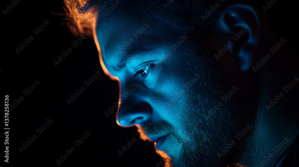 Close up of a man's face illuminated with blue light and a dark background creating a dramatic effect