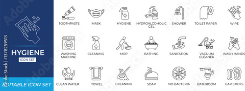 Hygiene line icon set with handwash, sanitation, cleanliness, cleaner, mask, soap, health safety symbols for medical apps, public signs, UI, editable vectors.