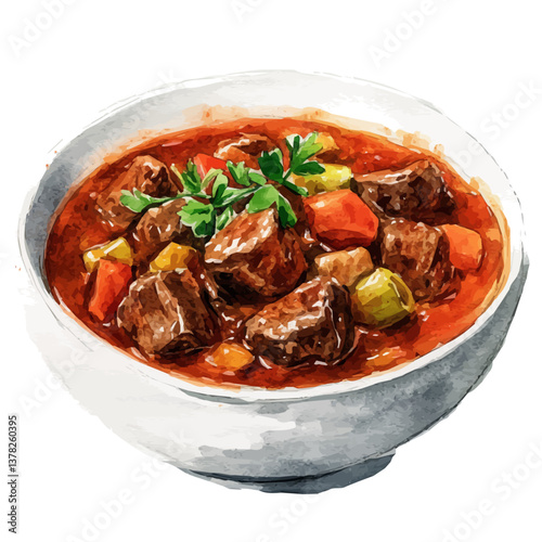 A watercolor vector of Goulash, isolated on a white background.

