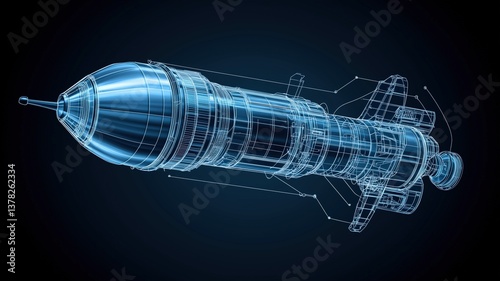 3D blueprint model of a futuristic space rocket on dark background with digital markers