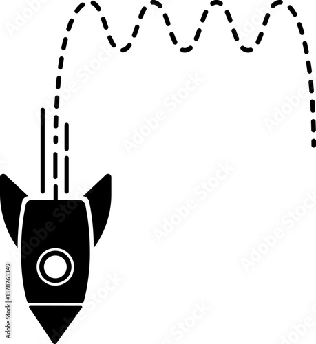 An icon of a rocket taking off with a dashed line trail forming a wave pattern with round segments.