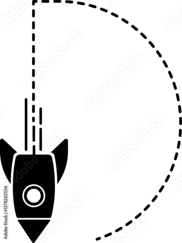A rocket icon with a dashed line trail forming a D-shaped curve.