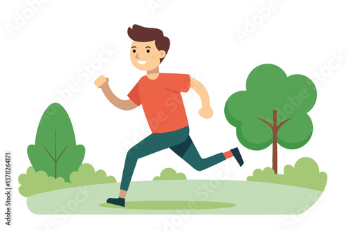 Joyful Cartoon Man Running Outdoors on Green Field, Trees with White Background
