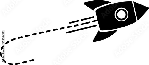 Icon of a rocket with a dashed line trail that changes direction representing its launch path.