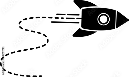 Icon of a rocket with a dashed line trail featuring curved shapes and changes in direction.