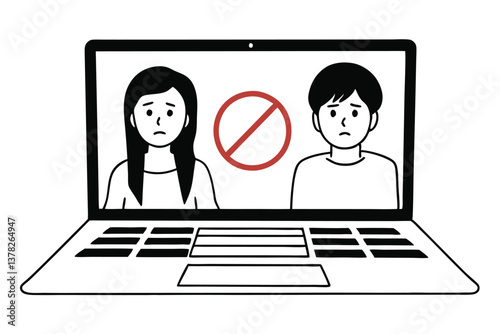 Laptop Screen Featuring Asian Woman and Man with Prohibition Sign in Doodle Style