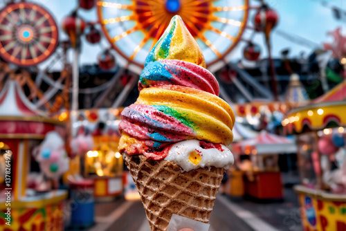 A vibrant rainbow ice cream cone swirls with color, held against the blurred backdrop of a lively fairground with rides and stalls. Sweet treat in a fun setting.