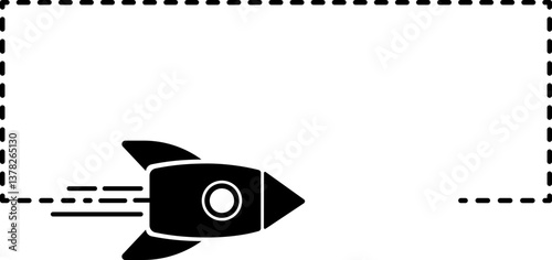 Icon of a rocket with a dashed line trail featuring a geometric rectangle with an open side.