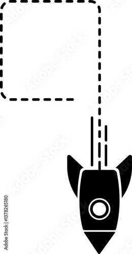 Icon of a rocket with a dashed line trail featuring a geometric square with a rounded corner and an opening in one corner.