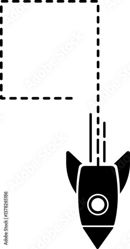 Icon of a rocket with a dashed line trail featuring a geometric square.