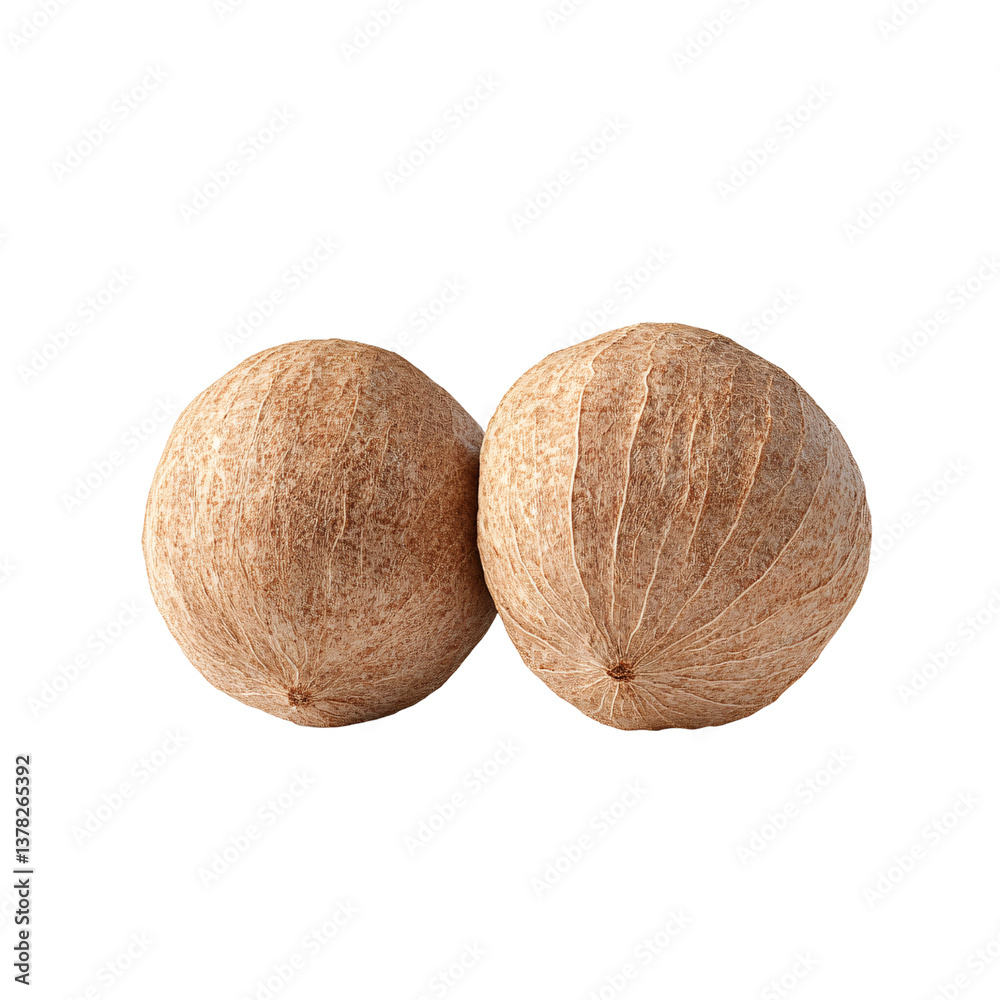 Two whole coconuts with brown fibrous husks on a transparent background Concept of tropical fruit, healthy eating, and natural food Two whole coconuts with brown fibrous husks on a transparent background Concept of tropical fruit, healthy eating, and natural food