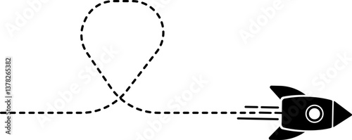 Rocket icon with a dashed line trail forming a looped path.