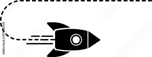 Rocket icon with a dashed line trail forming a returning and changing direction path.