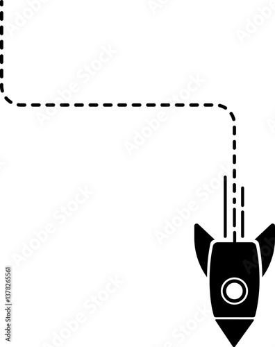 An icon of a rocket taking off with a dashed line trail that rounds off at corners.