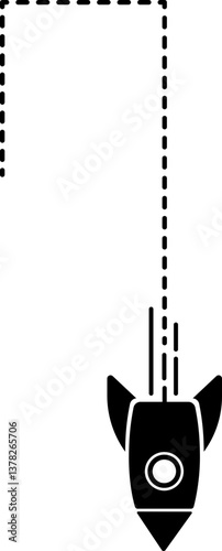 Rocket icon with a dashed line trail forming a straight corner return path.
