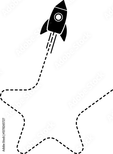 Rocket icon with a dashed line trail forming a star shape.