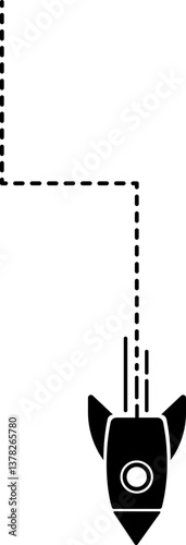 Rocket icon with a dashed line trail forming a straight corner.